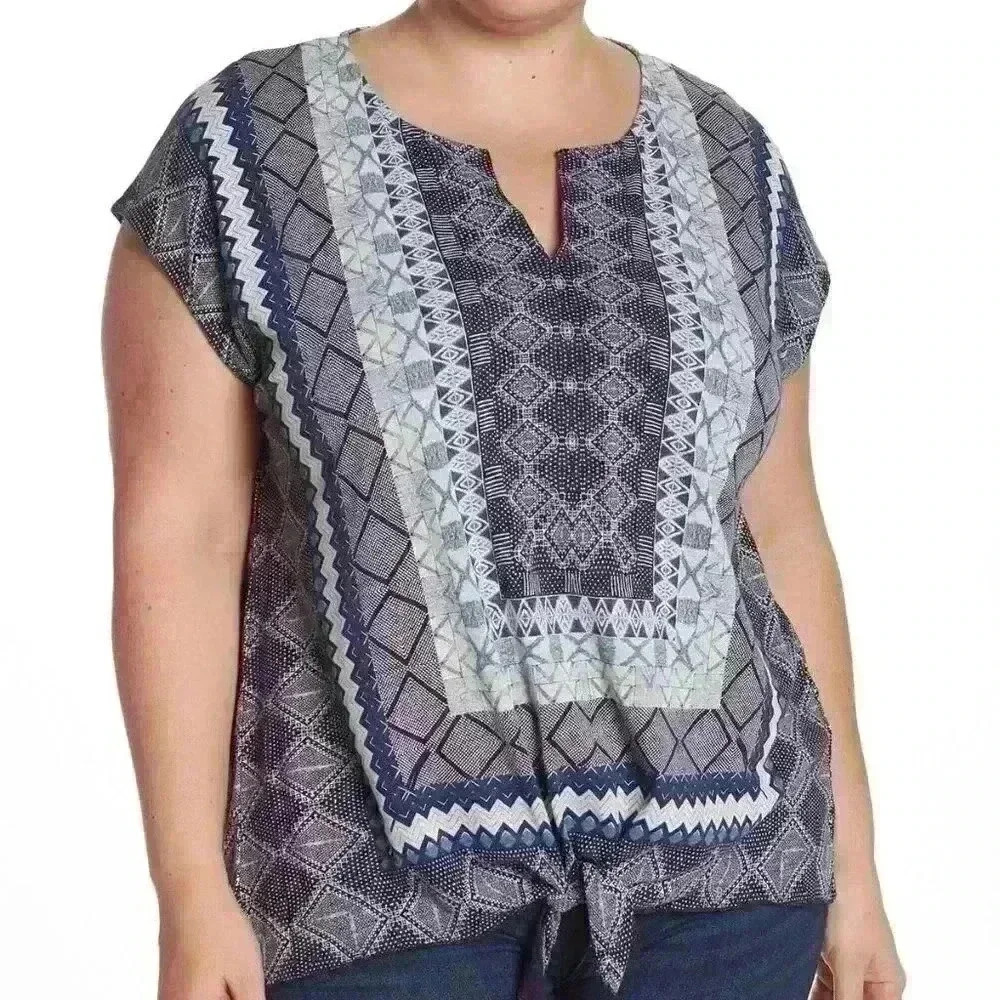 Lucky BRAND Blue Print Tie Front Top